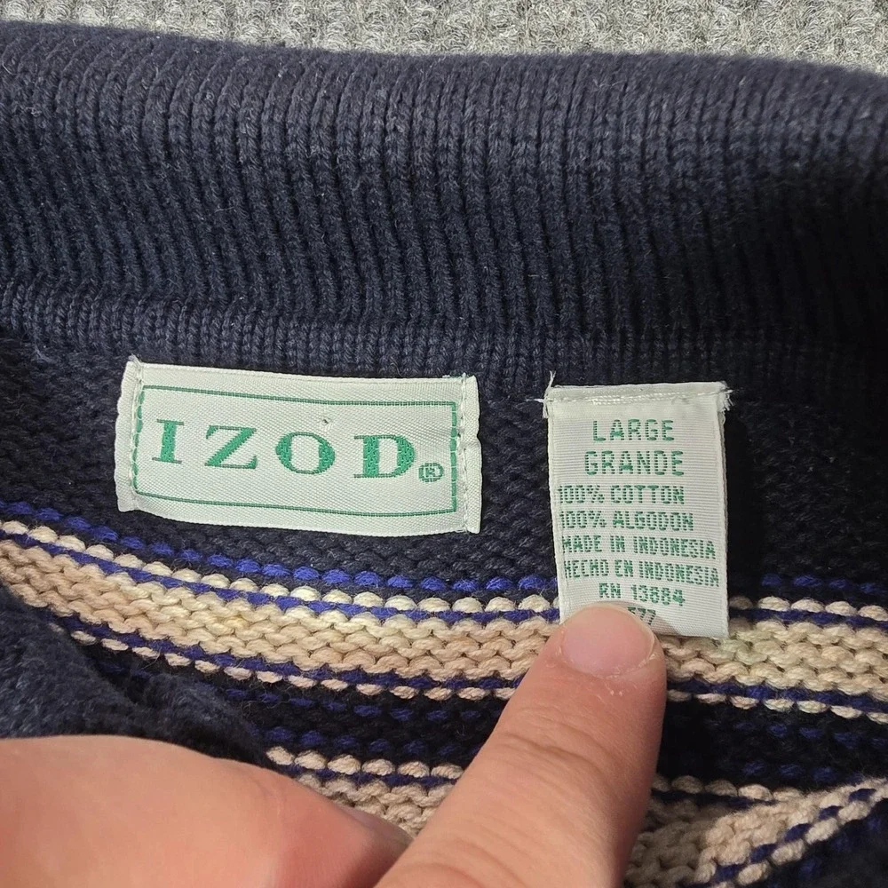 IZOD Sweater Mens Large Blue Multi Stripe Knit Polo Rugby Collar‎ Cotton Preppy